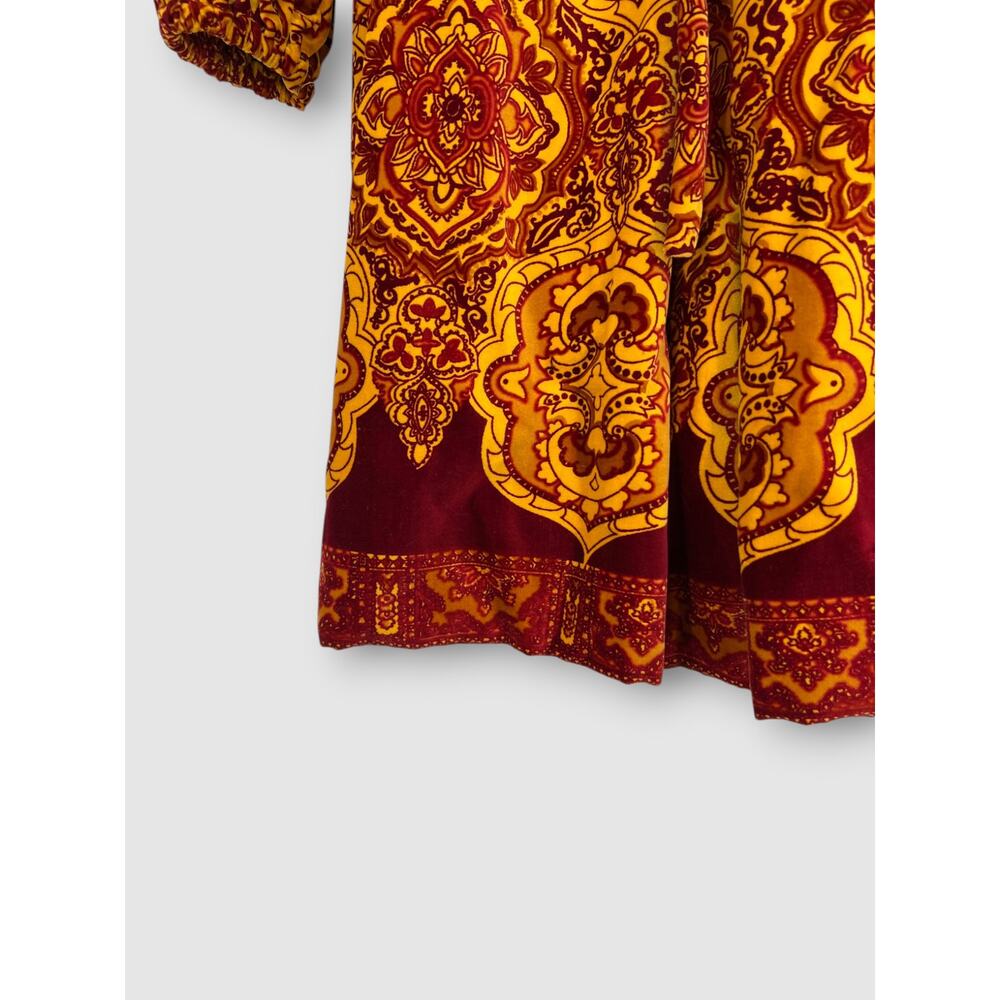 Vintage 60s 70s Medallion Print Mod Gold Burgundy Belted Boho Mini Dress - Picture 4 of 7